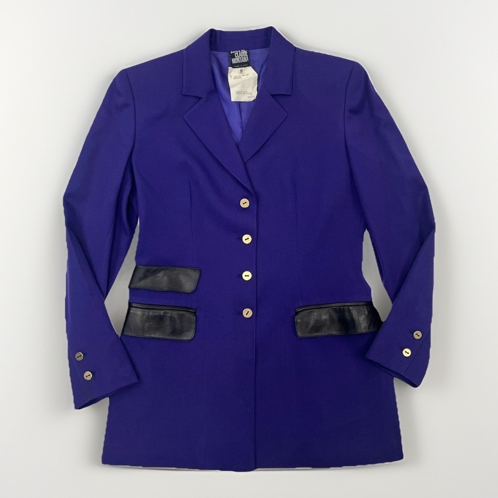 State of Claude Montana VTG Blazer IT 44 US 10 Purple Leather Trim Italy